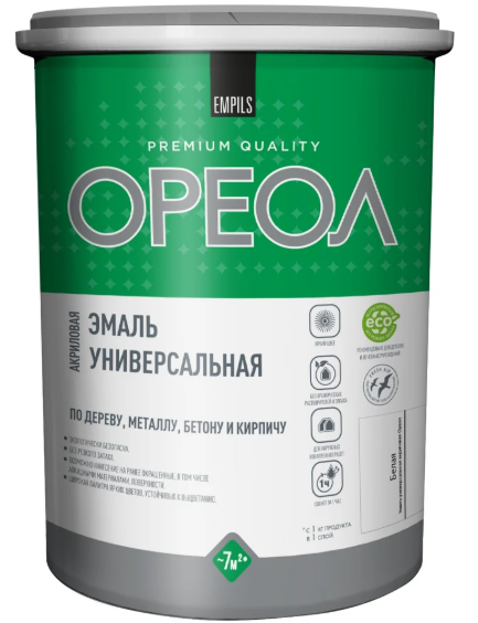 Эмаль акриловая "Ореол" глянцевая белая 1кг