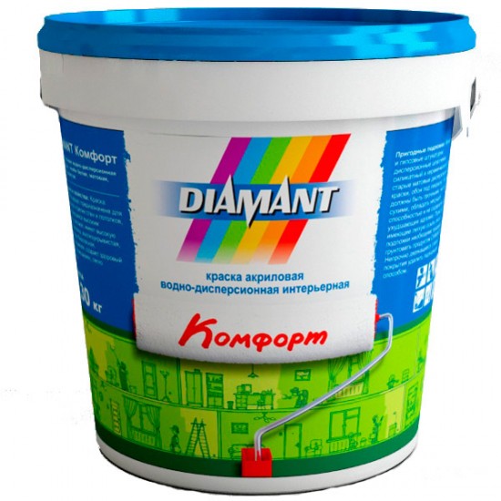 Краска акриловая в/д белая Diamant Комфорт, 0,9л (1,3 кг)